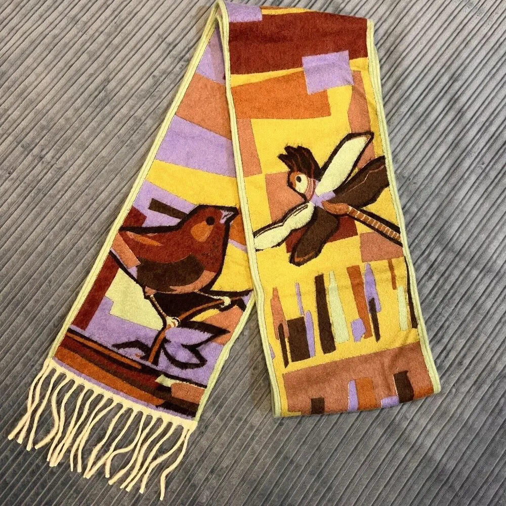Emilio Pucci 100% Cashmere Scarf With Birds Dragonfly Cherries 7”x 68”